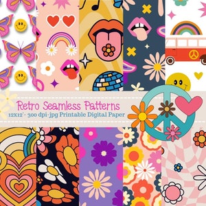Retro Digital Paper Set, Seamless 70s Patterns, Vintage Patterns, Trendy Patterns, Printable, 70's Hippie Digital Papers, Nostalgia, Peace