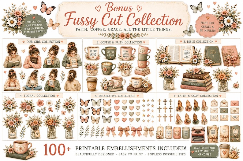 May include: A digital collage sheet titled Bonus Fussy Cut Collection featuring over 100 printable embellishments. The collection includes illustrations of people reading, coffee mugs, open bibles, floral arrangements, butterflies, hearts, crosses, and bows in a soft, muted colour palette.