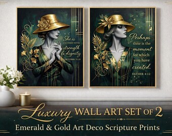 Emerald Gold Art Deco Christian Scripture Prints (Proverbs 31:25, Esther 4∶14)