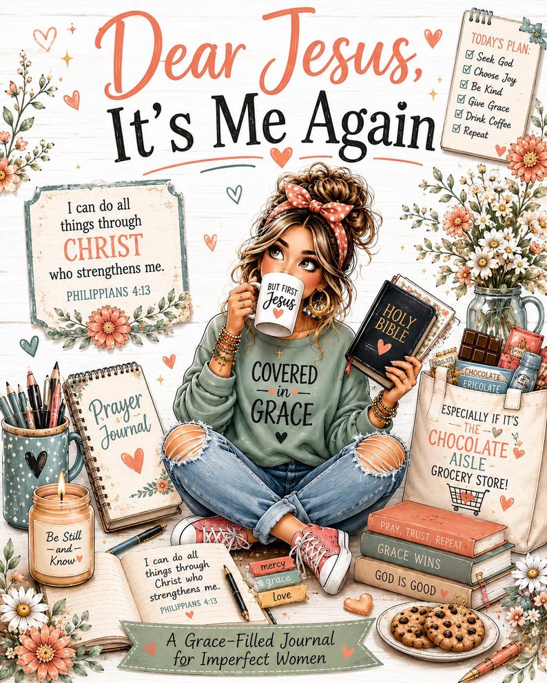 May include: A digital illustration titled Dear Jesus, It's Me Again featuring a person in a green sweatshirt with the text Covered in Grace, holding a mug that says But First Jesus. Includes a Holy Bible, prayer journal, and chocolate.