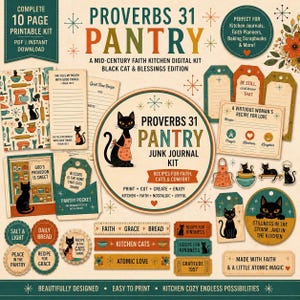 May include: A digital printable kit with a mid-century theme, featuring a black cat and kitchen-related elements. The kit includes journal pages, tags, and recipe cards with phrases like "Proverbs 31 Pantry" and "Kitchen Cats."