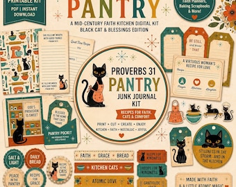 Faith Junk Journal Kit Proverbs 31 Pantry | Mid Century Christian Ephemera, Bible Study Pockets Tags, Black Cat Kitchen Printable