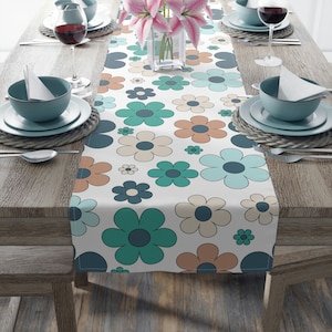 Retro Flower Table Runner, 70&#39;s Flower Power, Retro Flowers, Groovy Trendy Table Runner, 70&#39;s Summer  Table Runner, Orange, White, Teal