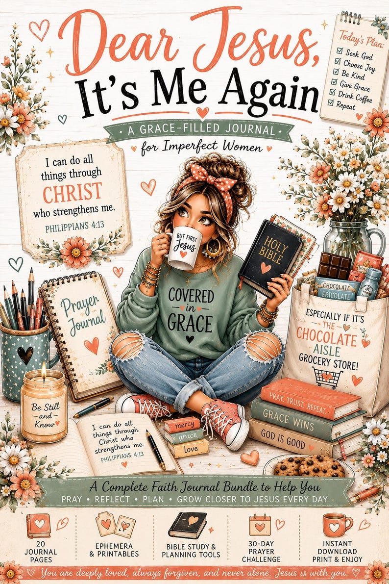 May include: A faith-based journal bundle featuring the text Dear Jesus, It's Me Again. The illustration shows a person in a green sweatshirt and jeans holding a mug that says But First Jesus, surrounded by a Bible, prayer journals, books, a candle, and a tote bag labelled The Chocolate Aisle Grocery Store, all decorated with floral accents.
