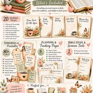 May include: A digital product display for a faith-based journal titled Dear Jesus, It's Me Again. The layout features floral illustrations, butterflies, coffee mugs, and hearts, showcasing journal pages, prayer trackers, and scripture cards.