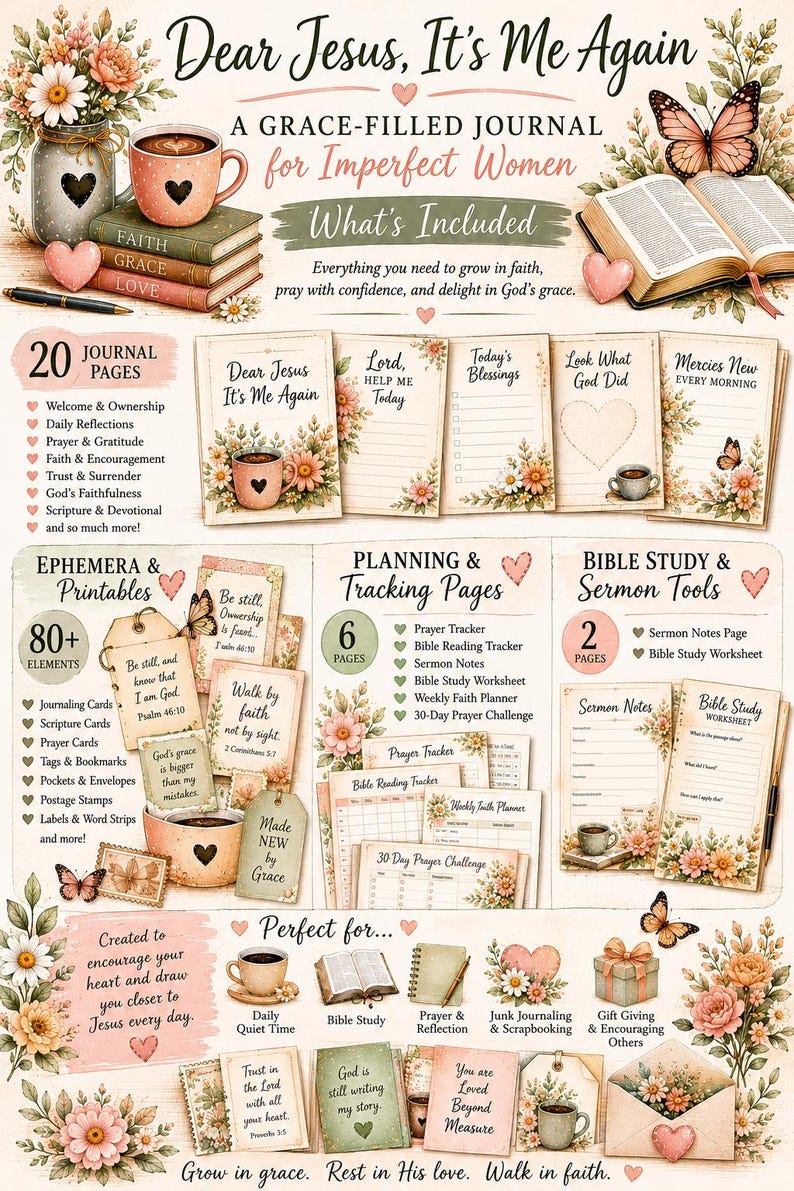May include: A digital product display for a faith-based journal titled Dear Jesus, It's Me Again. The layout features floral illustrations, butterflies, coffee mugs, and hearts, showcasing journal pages, prayer trackers, and scripture cards.