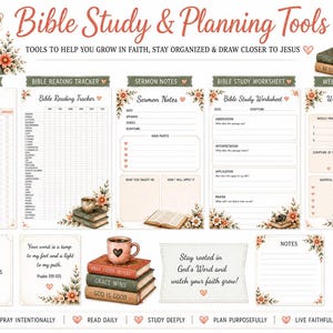 May include: A collection of Bible study and planning tools featuring a prayer tracker, reading tracker, sermon notes, study worksheet, and weekly faith planner. The pages include floral accents, coffee mugs, and books with text in a soft colour palette.