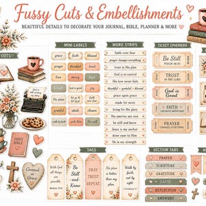 May include: A collection of paper ephemera titled Fussy Cuts & Embellishments featuring religious and floral motifs. Includes mini labels, word strips, ticket ephemera, postage stamps, tags, section tabs, and banners with text like Be Still and Psalm 46:10.