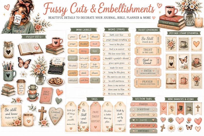 May include: A collection of paper ephemera titled Fussy Cuts & Embellishments featuring religious and floral motifs. Includes mini labels, word strips, ticket ephemera, postage stamps, tags, section tabs, and banners with text like Be Still and Psalm 46:10.