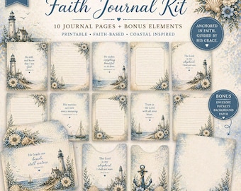 Faith Junk Journal Kit Coastal Christian Ephemera | Vintage Lighthouse Bible Journal, Scripture Pockets Envelopes, Prayer Pages Printable