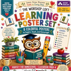 Puede incluir: Un conjunto de pósteres educativos digitales con un búho con birrete, un lápiz sonriente y pilas de libros coloridos. El texto incluye The Worship Loft Learning Poster Set, 8 Colorful Posters y varios temas educativos para el aprendizaje.