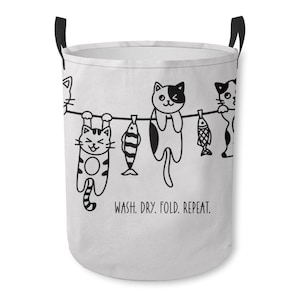 Hanging Cats Laundry Basket, Clothes Basket, Laundry Day Free Standing Basket, Wash, Dry, Fold, Repeat, Cat Lovers Laundry Hamper