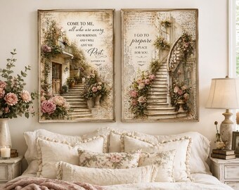 Shabby Chic Scripture Wall Art Set | Matthew 11 28 John 14:2 | French Vintage Christian Printable | Farmhouse Faith Decor