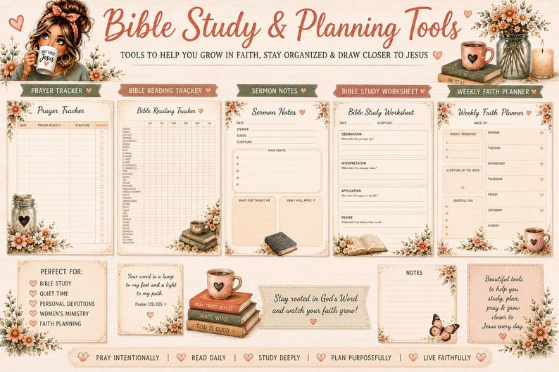Christian Prayer Journal Bundle for Women | Bible Study Printable Kit | Faith Planner Junk Journal Ephemera, Sermon Notes | 30 Day Challenge image 7
