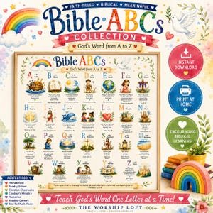 Póster bíblico ABC, alfabeto cristiano imprimible, arte mural con el alfabeto bíblico, decoración preescolar para el hogar, tabla de versículos bíblicos de la A a la Z para niños