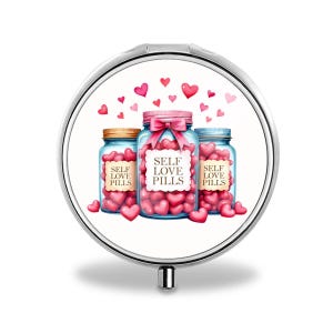 Mini Pill Box – Self Love Pills | Cute Pocket Pill Organizer | Stainless Steel Travel Pill Case | Mental Health Gift Idea
