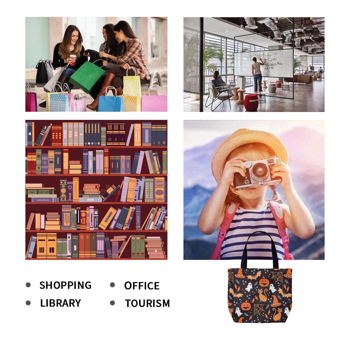 Hufuaoey Sac Fourre-tout D'Halloween Pour Femme Avec Fermeture éclair - Grand Sac Fourre-tout Pour La Plage, Le Travail, Noir Cat-1