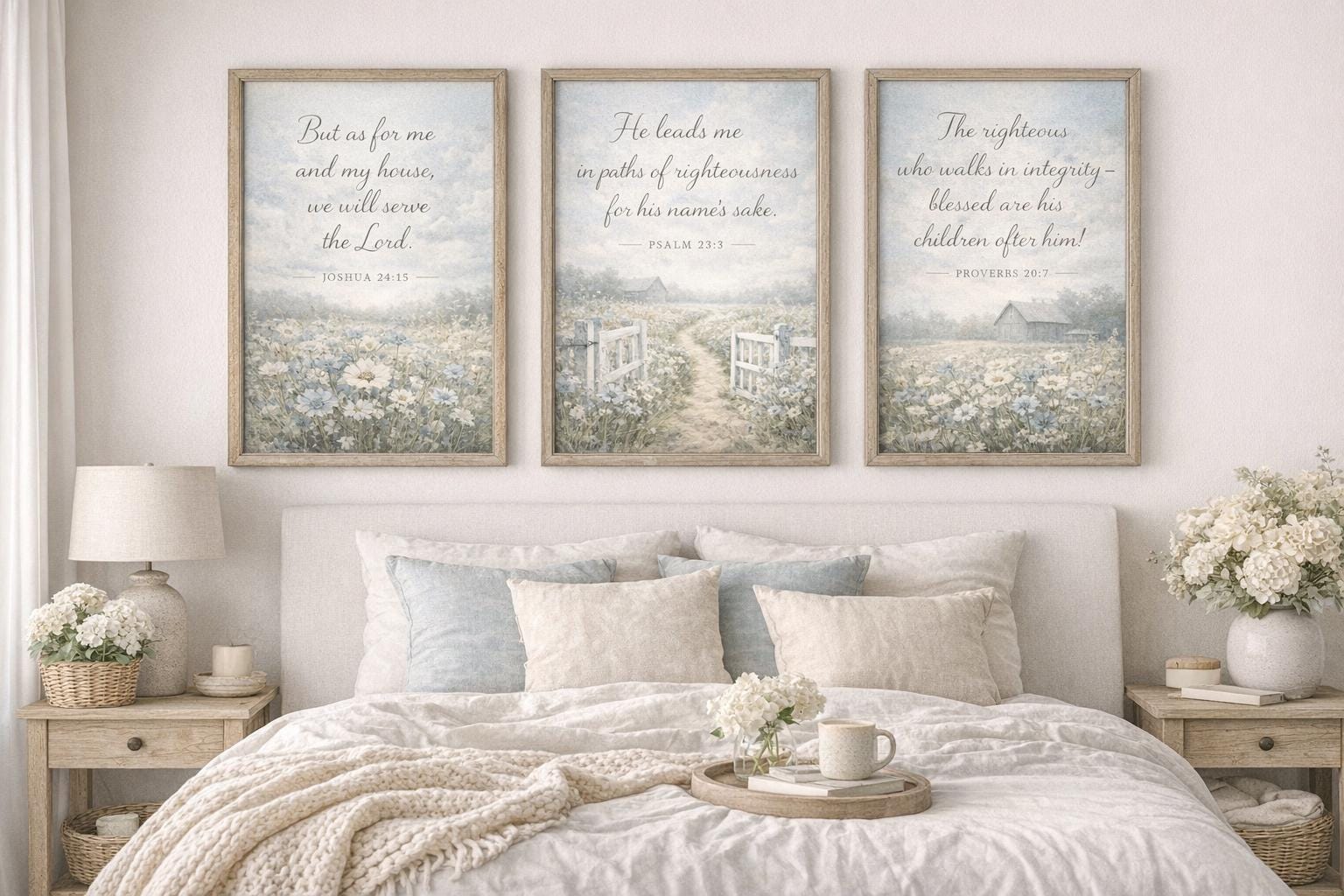 Christian Farmhouse Wall Art Set, Bible Verse Prints, Blue Floral ...