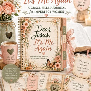 May include: A spiral-bound journal titled Dear Jesus, It's Me Again with floral illustrations and a butterfly. The bundle includes tabbed dividers, prayer cards with text like Prayer Changes Everything, and scripture verses such as Walk by faith, not by sight.