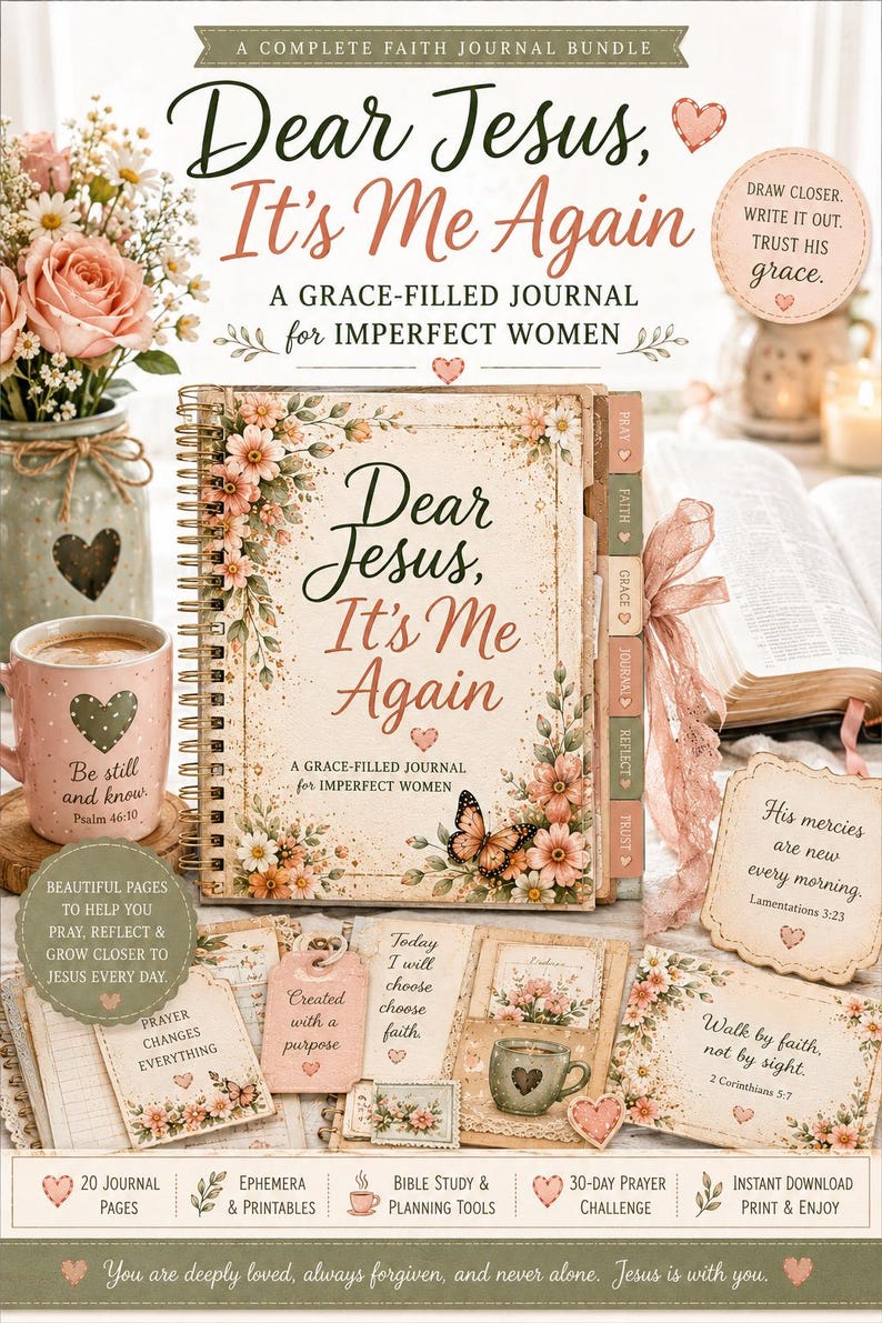 May include: A spiral-bound journal titled Dear Jesus, It's Me Again with floral illustrations and a butterfly. The bundle includes tabbed dividers, prayer cards with text like Prayer Changes Everything, and scripture verses such as Walk by faith, not by sight.