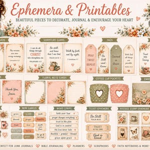 May include: A collection of Christian-themed ephemera and printables featuring journaling cards, scripture cards, tags, bookmarks, prayer cards, floral note cards, coffee cup pockets, envelope pockets, labels, word strips, and section tabs.