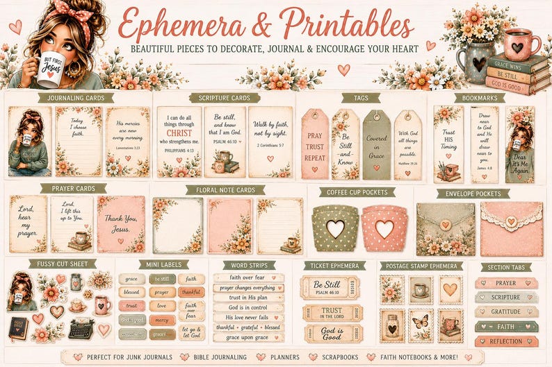 May include: A collection of Christian-themed ephemera and printables featuring journaling cards, scripture cards, tags, bookmarks, prayer cards, floral note cards, coffee cup pockets, envelope pockets, labels, word strips, and section tabs.