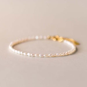 Delicate Rice pearl bracelet, tiny white pearl bracelet, mini pearl bracelet, Real Freshwater pearl Bead Bracelet with 14k gold plated clasp