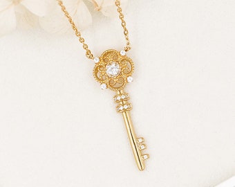 14K Yellow Gold Key Pendant Love Charm Women Men Necklace