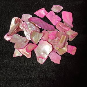 Puede incluir: Una colección de piezas de concha rosa e iridiscente. Las conchas varían en forma y tamaño, con una gama de tonos rosas y acabados nacarados. Las conchas están dispersas sobre un fondo negro.