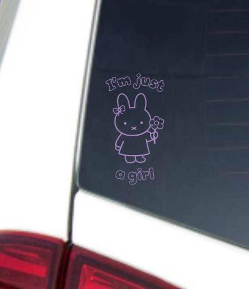 May include: A pink vinyl decal featuring a cartoon bunny holding a flower. The text "I'm just a girl" is above and below the bunny. The decal is applied to a car window.