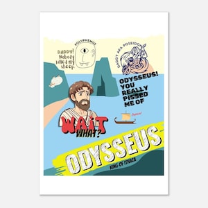 Cartel épico divertido de Odiseo, Polifemo y Poseidón, cartel de arte musical, impresión de arte, mitología griega, dioses de leyendas griegas, Odisea