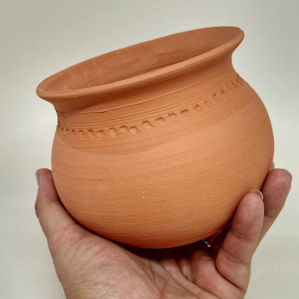 Small handmade red clay flower pot with carved pattern on neck, terracotta planter from my Arizona studio, for succulents, cactus, herbs