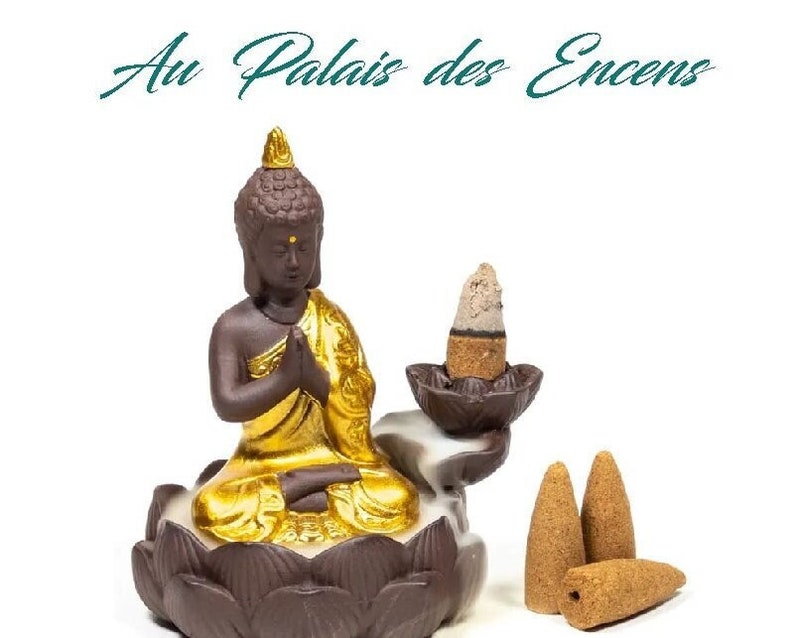 Fontaine a Encens Baton et Cone a refoulement backflow avec Bouddha et coupelle separee image 1