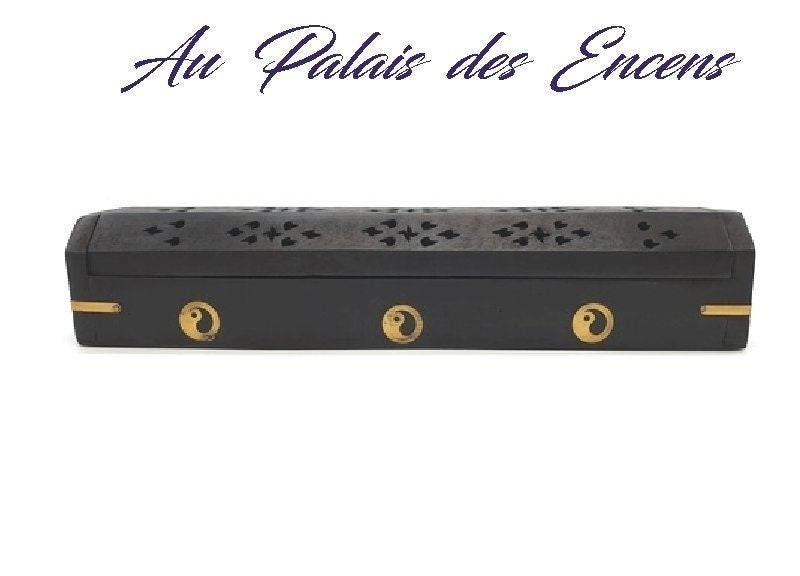 Coffret Noir Porte Encens Baton et Cone en Bois avec Motifs