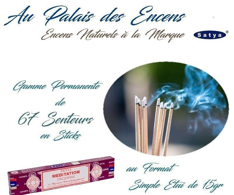 Gamme Permanente de 67 Senteurs Différentes Encens Satya en Sticks Simple Etui 15Gr