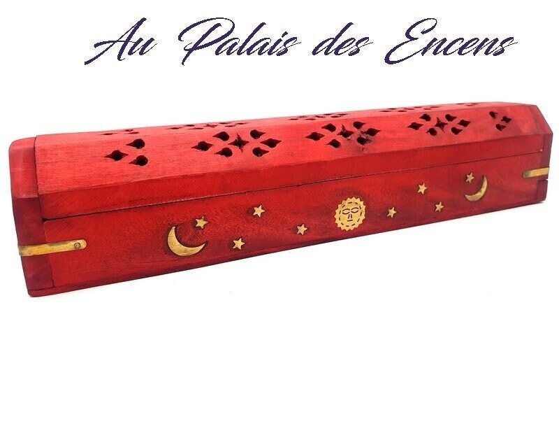 Coffret Rouge Porte Encens Baton et Cone en Bois avec Motifs