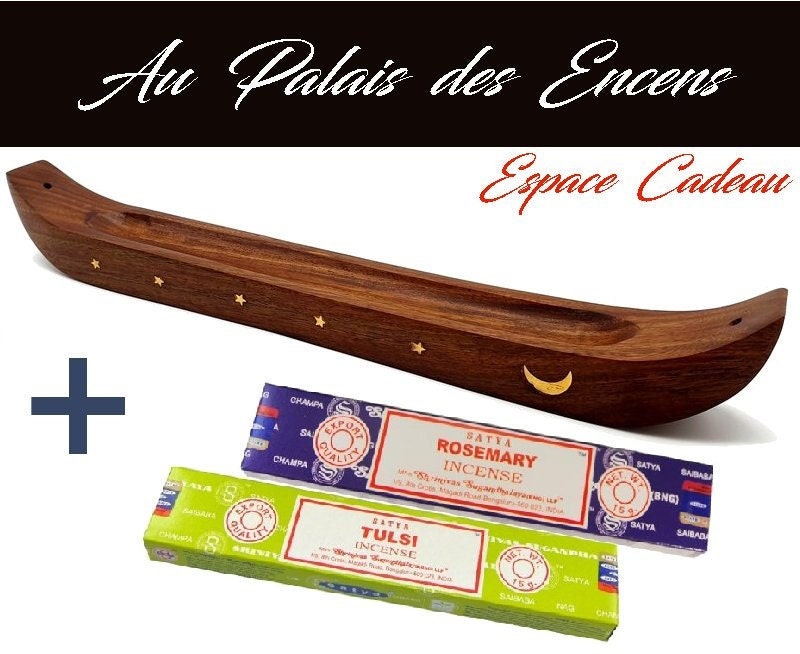 Idée Cadeau Pirogue en Bois Porte Encens 2 Bâtons + Étuis d' Satya Romarin & Basilic Sacré