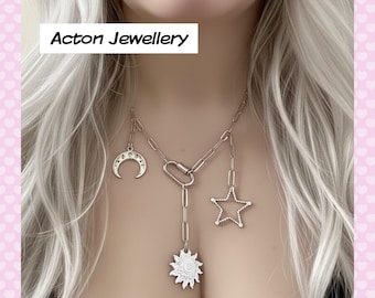 Silver Carabiner Celestial Charm Necklace – Sun, Moon, Star - Anti-Tarnish - Waterproof
