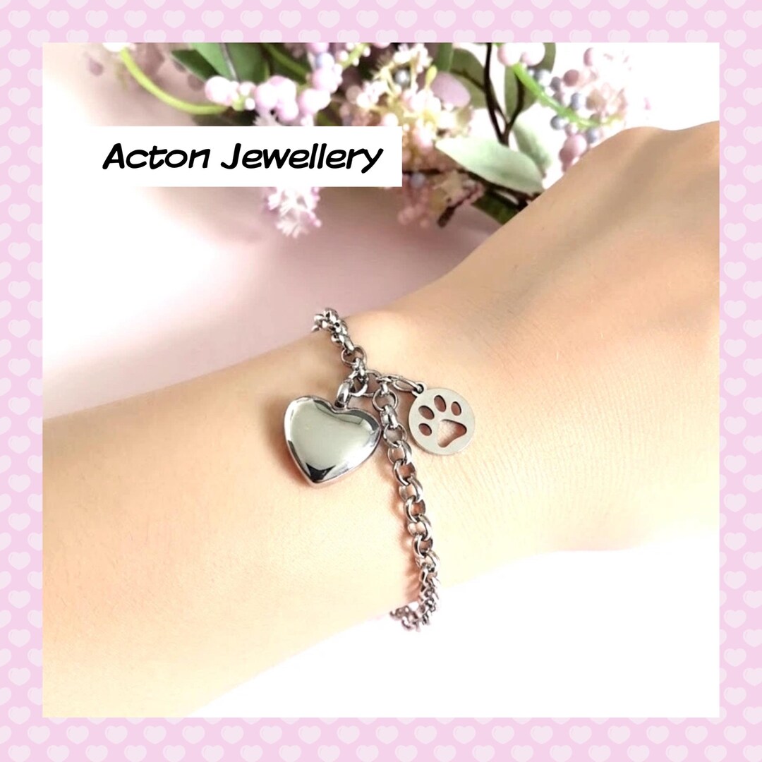 Heart Urn Bracelet: Stainless Steel Pet Ashes Paw Print Memorial - Etsy UK