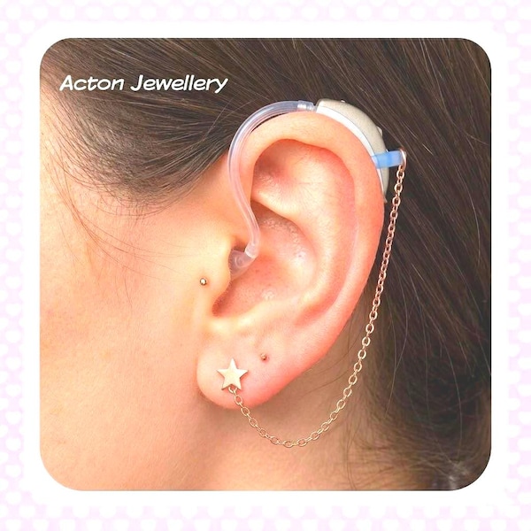 Rose Gold Star Stud Hearing Aid Safety Chain Earring Hearing Aid Jewellery