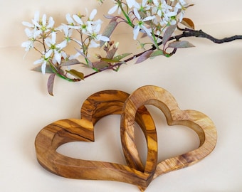 Connected Wood Hearts Handmade, Anniversary Gift for Wife, Valentines Gift for Her, Love Hearts Entwined, Olive Wood Hearts, Wedding Decor