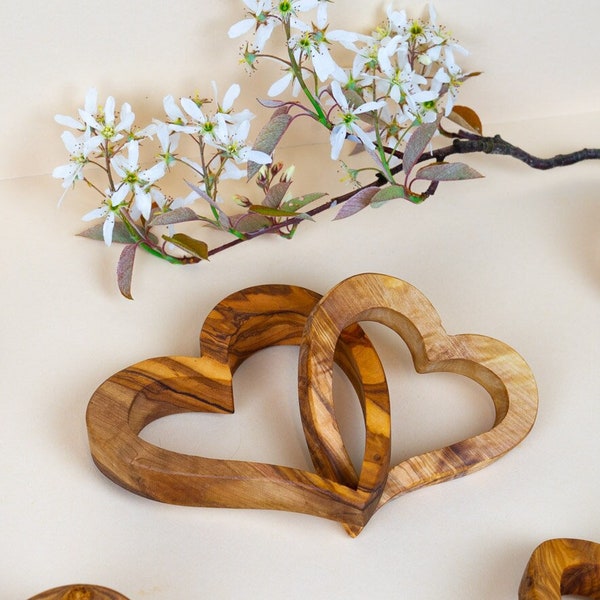 Connected Wood Hearts Handmade, Anniversary Gift for Wife, Valentines Gift for Her, Love Hearts Entwined, Olive Wood Hearts, Wedding Decor