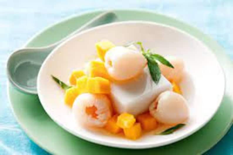 May include: A white bowl containing a white, creamy dessert topped with diced mango and lychees. The dessert is garnished with a green leaf.