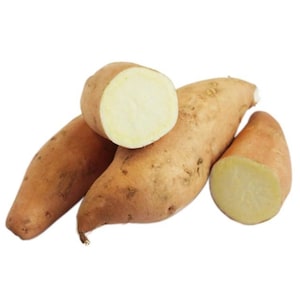 May include: Four sweet potatoes, two whole and two cut in half, with a light brown skin and a pale yellow flesh.