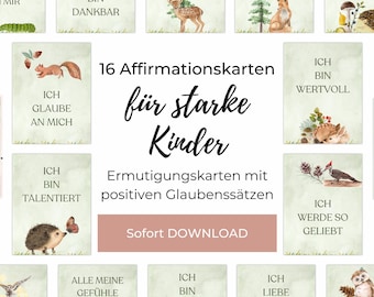Affirmationskarten Kinder zum selber drucken, Achtsamkeitskarten Waldtiere PDF Datei mit positiven Affirmationen