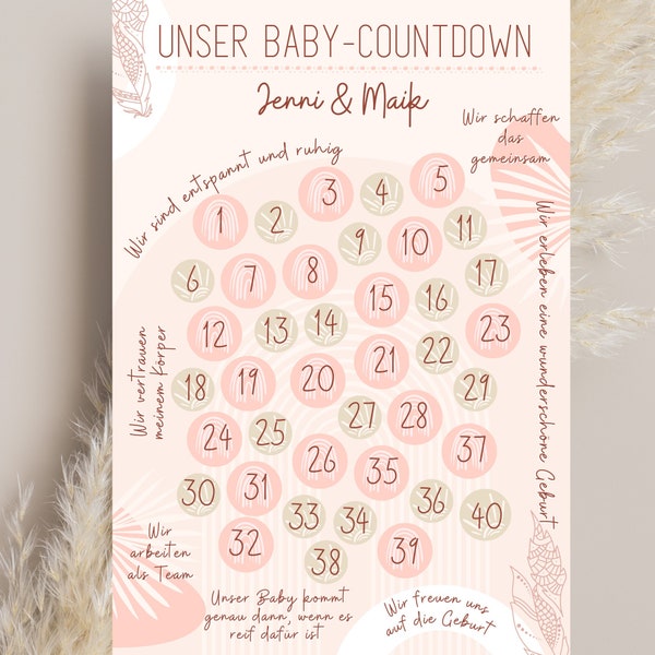 Boho Baby Countdown mit positiven Affirmationen für Paare zur Geburt, Geschenk Schwangerschaft an Mama und Papa, Schwangerschaftskalender