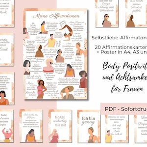 Affirmationen Achtsamkeit und Selbstliebe, Body Positivity Glaubenssätze, Affirmationen Set mit Affirmationskarten und Affirmationsposter