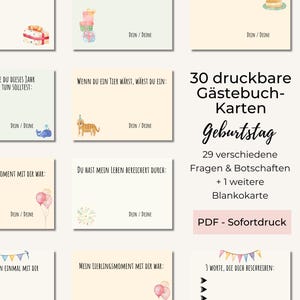 Gästebuchkarten Geburtstag 30 liebevolle und lustige Fragen und Botschaften an Geburtstagskind, Gästebeschäftigung Fragekarten (PDF + PNG)