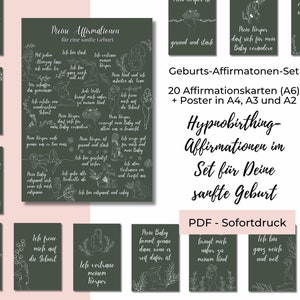 Set tägliche Affirmation Geburt und Schwangerschaft, Hypnobirthing Kartenset und passendes Affirmationsposter Geburt, Sofort-Download