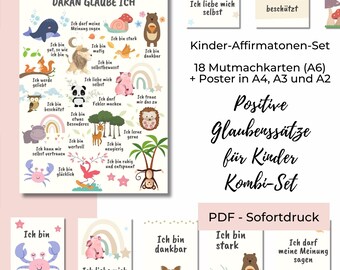 Affirmationen Kinder Set, Affirmationskarten und passendes Poster Kinderzimmer, Positive Glaubenssätze zur Stärkung des Selbstwertgefühls